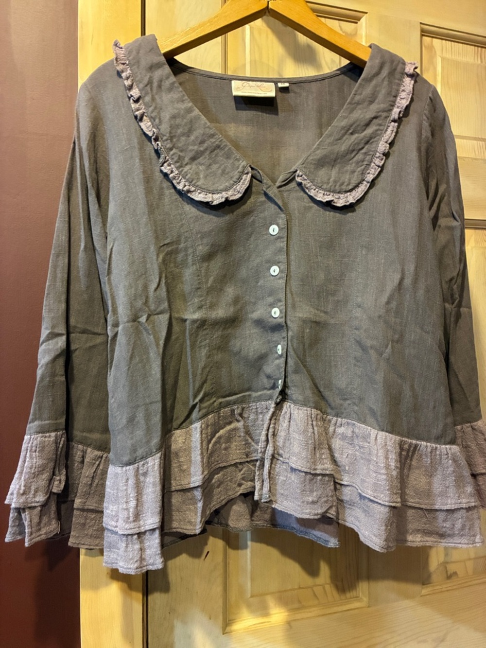 Boho Ruffle-Trim Button Front Top in Dusty Gray